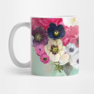 WHITE PINK ROSES ,ANEMONE FLOWERS ,TEAL AQUA BLUE FLORAL Mug